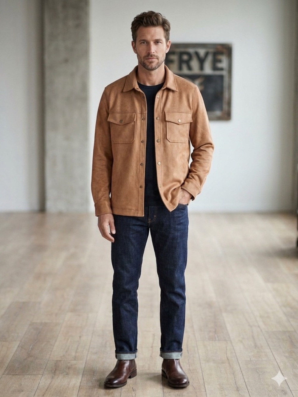 Frye Men's Faux Suede Snap-Front Shirt Jacket Shacket Brown XL